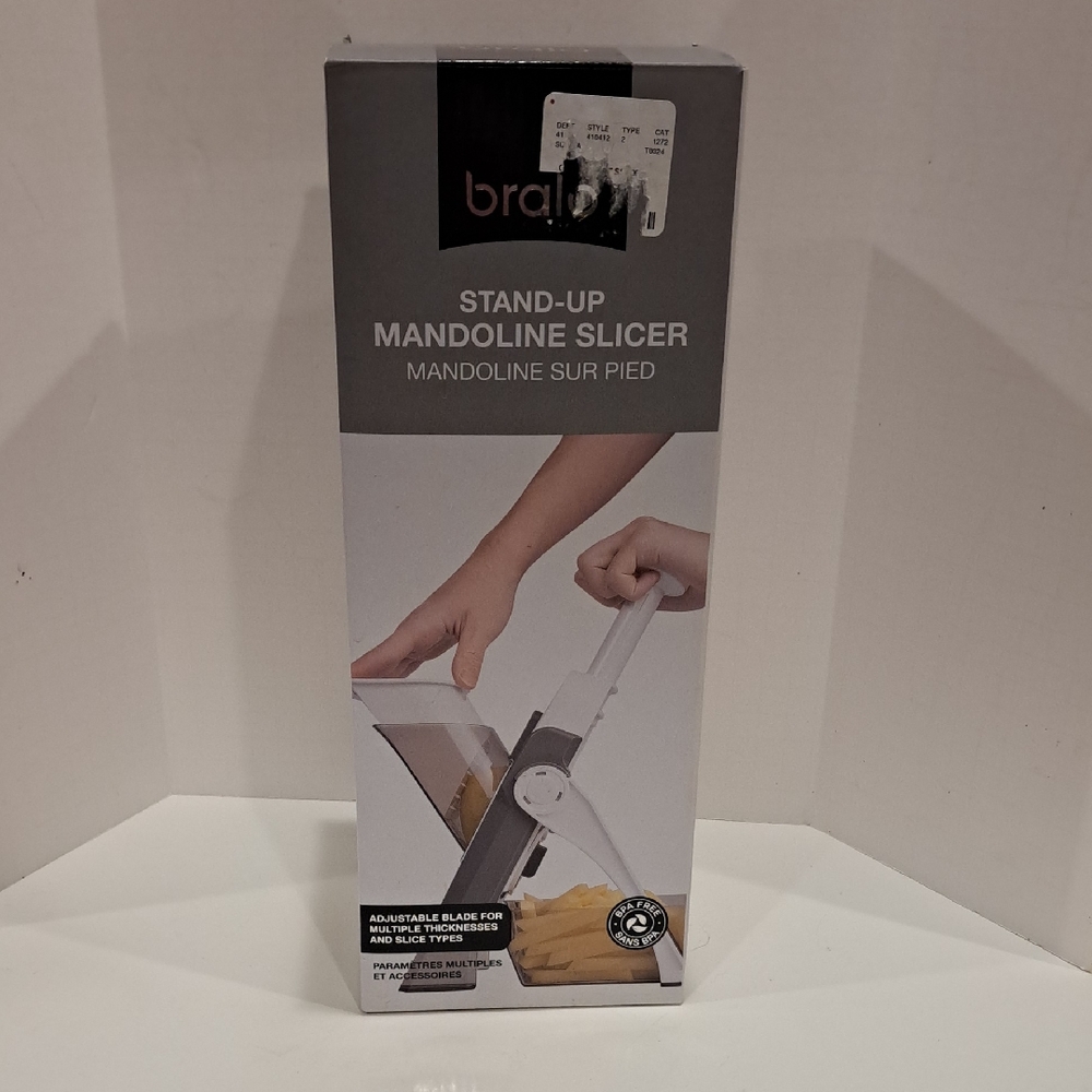 Bralo Stand-Up Mandoline Slicer. Slices, Dices, French Fry Cutter, Juliennes.